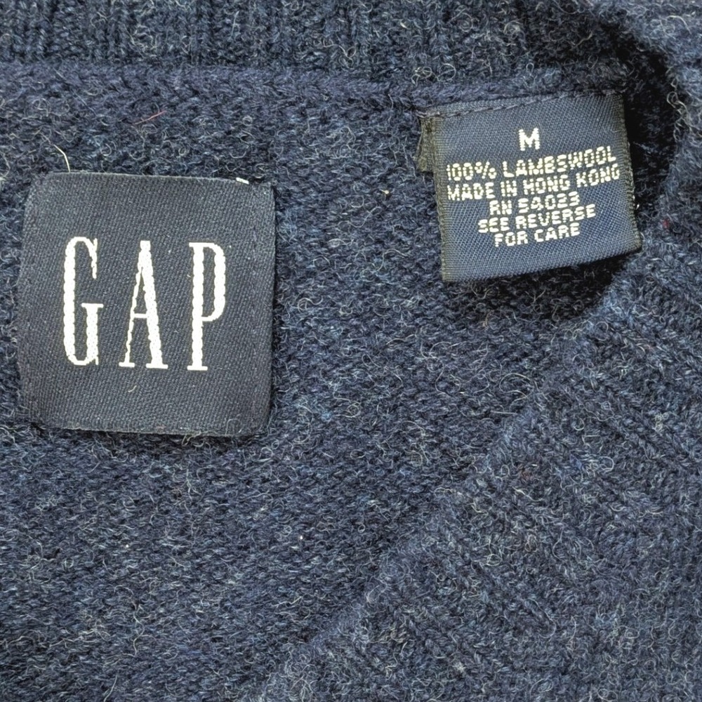 Y2K Gap Mens V-Neck Sweater M Navy Blue 100% Lambswool Stripe Vintage Pullover - Picture 3 of 5